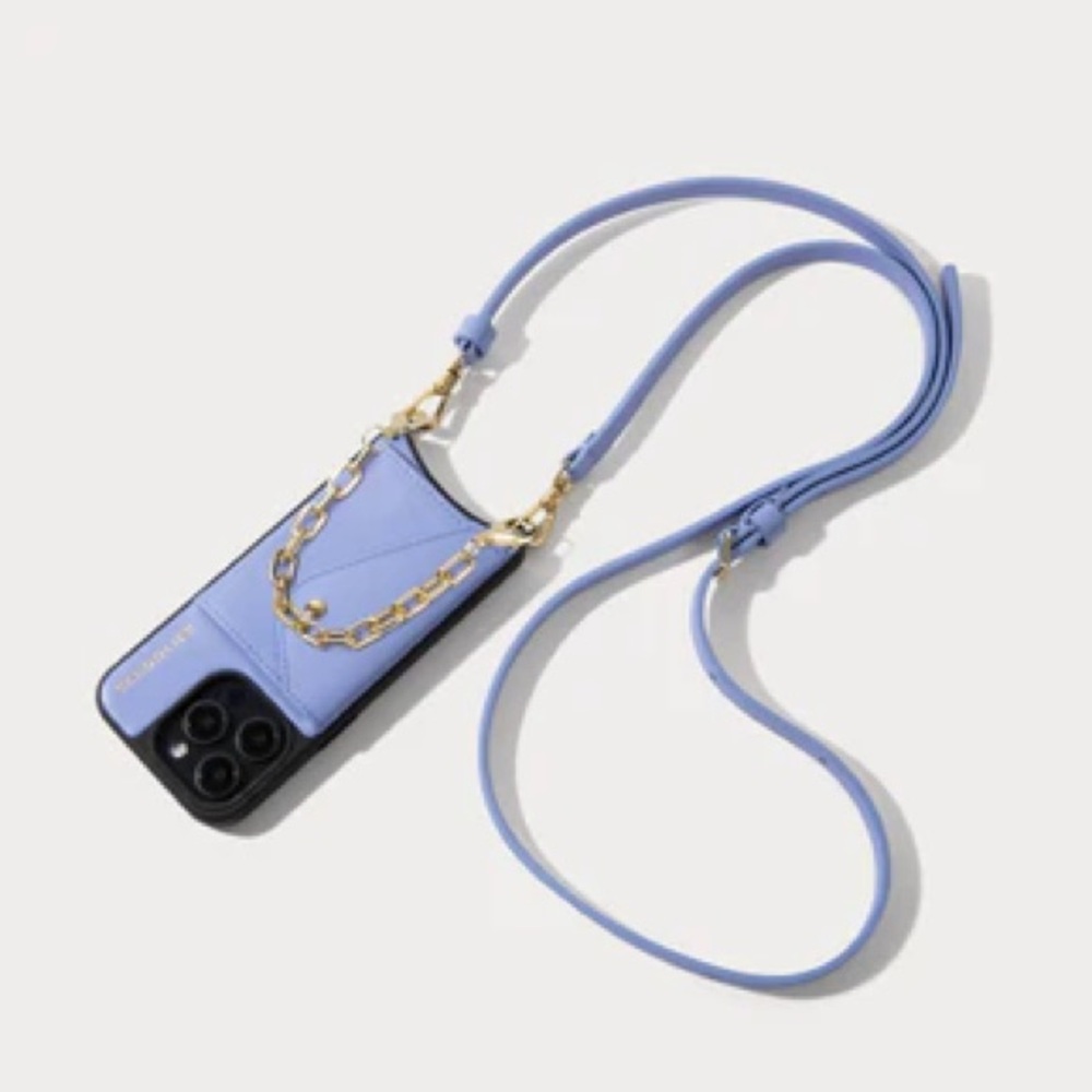 Bandolier NWOT Lavender 15 Pro Phone Case with Gold Wrist Chain, AirPods Case